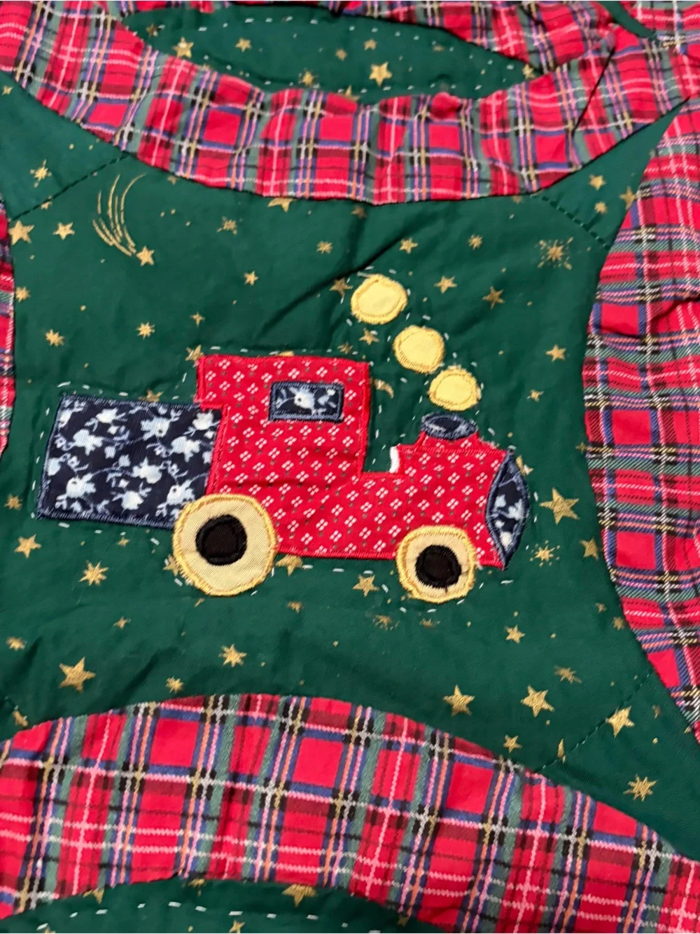 Vtg Hand-Sewn Christmas Quilt Double Wedding Ring Red Green Snowman Train 62x49